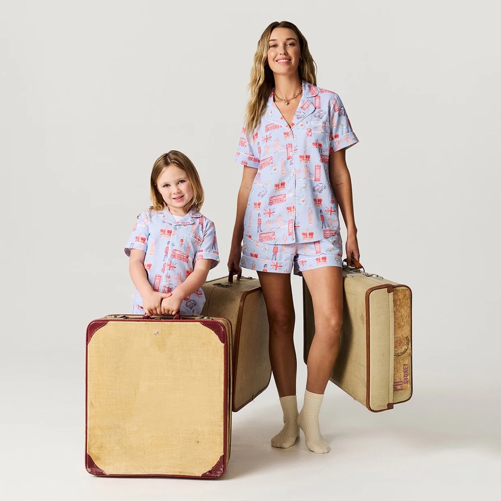Posh Peanut London Print Pajama Set - blue red crown tea bus - Picture 3 of 4